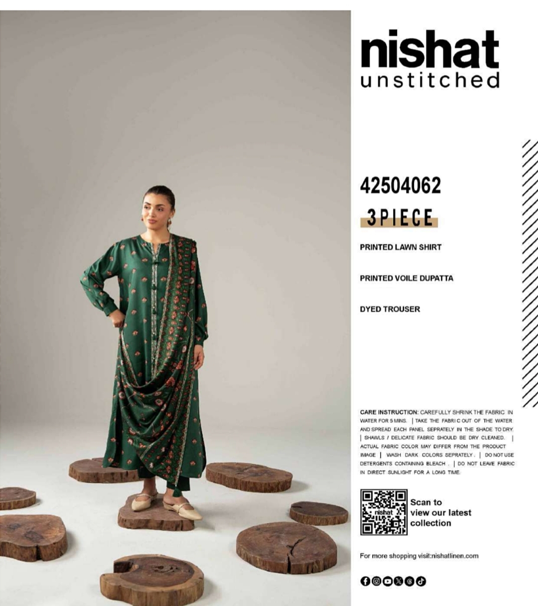 NISHAT UNSTICHED 3 piece printed lawn shirt printed voile dupatta dyet trauser